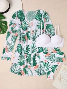 Shein Tropical Print Push Up Hipster Bikini Swimsuit & Kimono