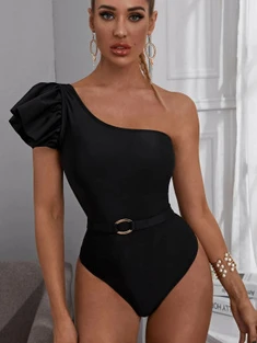 Shein Ruffle Detail Belted One Piece Swimsuit