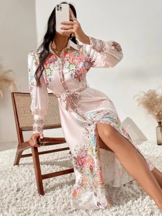 Shein Floral & Paisley Button Through Belted Shirt Dress