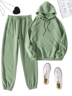 Shein EZwear Drawstring Drop Shoulder Thermal Lined Hoodie & Sweatpants