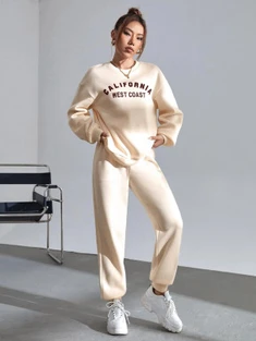 Shein Ezwear Letter Graphic Drop Shoulder Pullover & Sweatpants