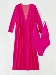 Shein Solid Backless One Piece Swimsuit With Kimono