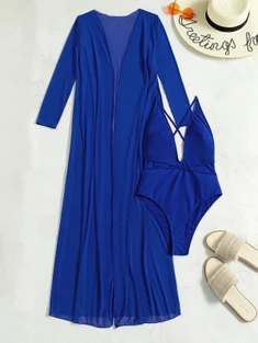 Shein Solid Backless One Piece Swimsuit With Kimono