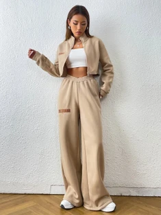 Shein Ezwear Letter Embroidery Graphic Zip Up Crop Sweatshirt & Wide Leg Sweatpants