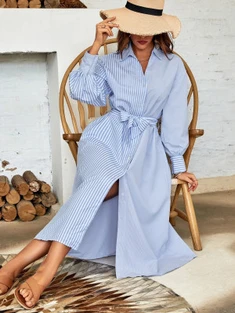 Shein Striped Drop Shoulder Belted Shirt Dress