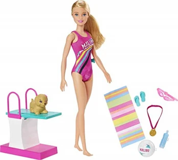 Barbie Barbie Dreamhouse Adventures Swim 'N Dive Doll 11.5-Inch In Swimwear With Swimming Feature Diving Board And Puppy Gift For 3 To 7 Year Olds