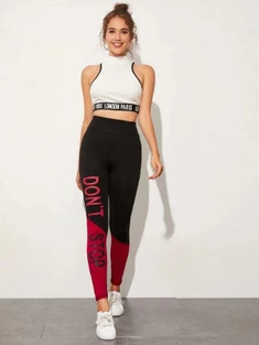 Shein Wide Waistband Slogan Graphic Colorblock Leggings