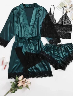Shein 4pack Floral Lace Lingerie Set With Satin Belted Robe