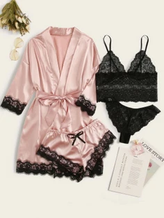 Shein 4pack Floral Lace Lingerie Set With Satin Belted Robe
