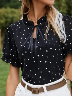 Shein Confetti Heart Print Tie Neck Blouse
