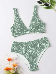 Shein Ditsy Floral High Waisted Bikini Swimsuit