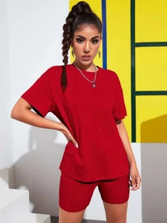 Shein Drop Shoulder Solid Tee & Biker Shorts Set