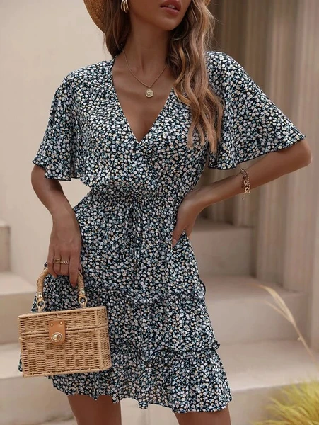 Shein Ditsy Floral Flutter Sleeve Tie Front Ruffle Hem Dress