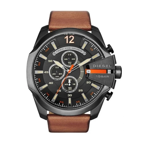 Diesel Mega Chief Black Dial Brown Leather Men's Quartz Watch