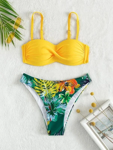 Shein Tropical Twist Push Up Bandeau Bikini Swimsuit