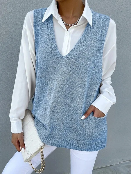 Shein Marled Knit Dual Pocket Sweater Vest Without Blouse