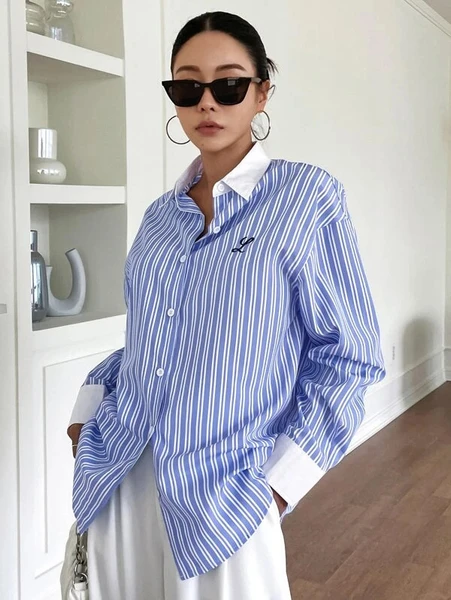 Shein Striped Letter Embroidery Drop Shoulder Shirt