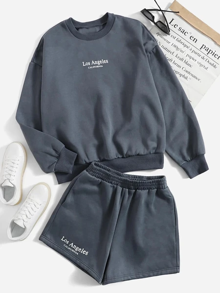Shein Letter Graphic Drop Shoulder Pullover & Shorts