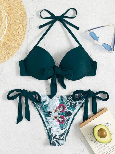 Shein Tropical Print Knot Front Halter Push Up Bikini Swimsuit