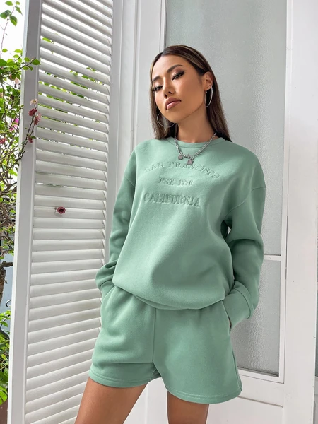 Shein Drop Shoulder Slogan Graphic Pullover & Track Shorts