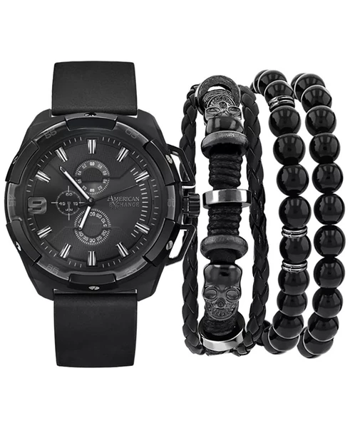 American Exchange Men's Black Polyurethane Strap Watch 40Mm Gift Set