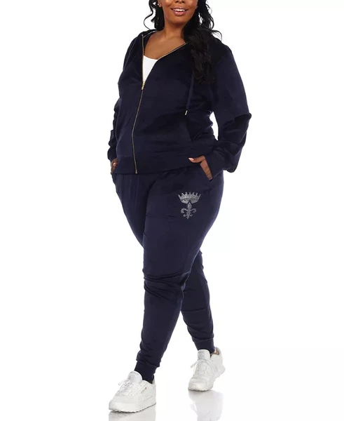 White Mark Plus Size Rhinestone Velour Tracksuit 2 Piece Set