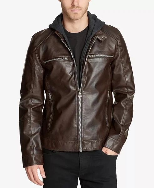 GUESS Men's Faux-Leather Detachable-Hood Motorcycle Jacket