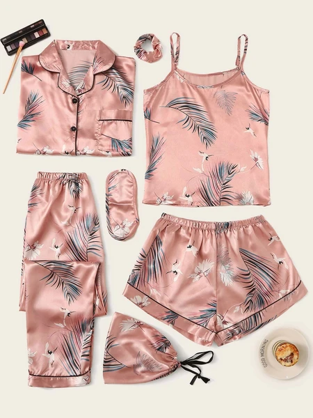 Shein 7pcs Crane & Tropical Print Satin Pajama Set