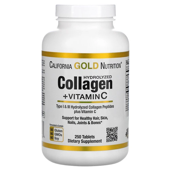 California Gold Nutrition Hydrolyzed Collagen Peptides + Vitamin C, 250 Tablets U1, U4